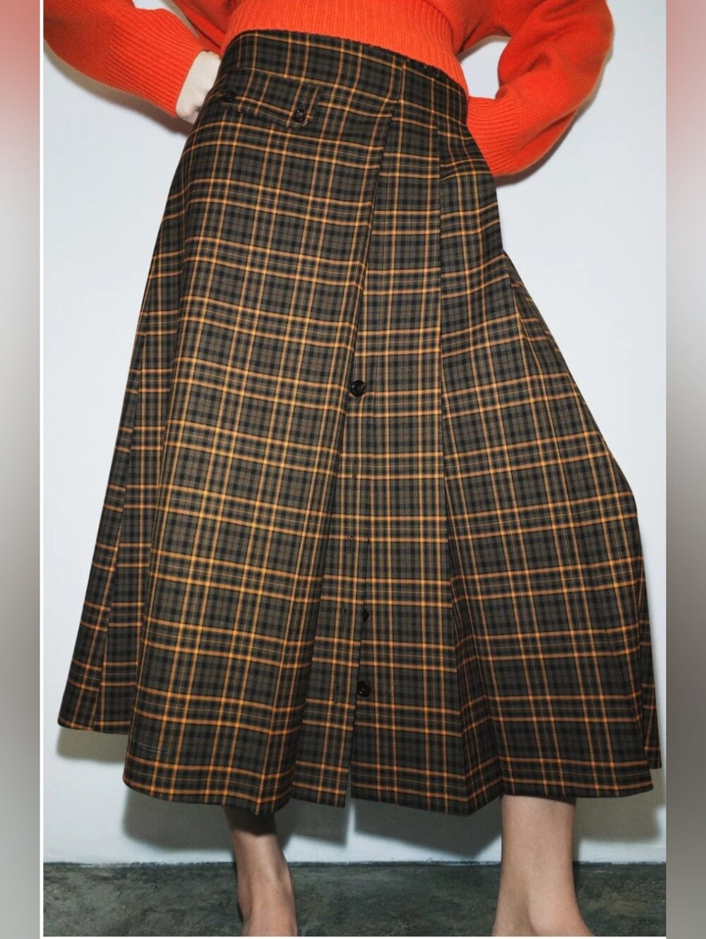 ZARA ZW COLLECTION ORANGE-GREEN PLAID PLEATED MIDI SKIRT 🧡🧡🧡